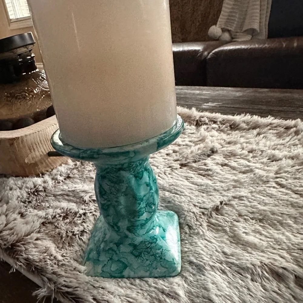 Hand made artisan marble look shades of blue ceramic pillar candle holder